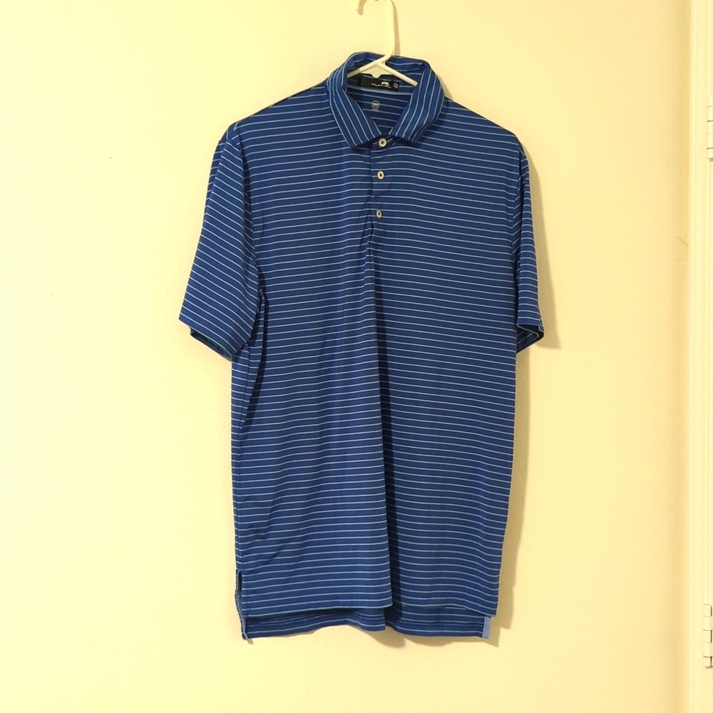 RLX Ralph Lauren men's Navy/green stripe golf  Medium T-shirt.